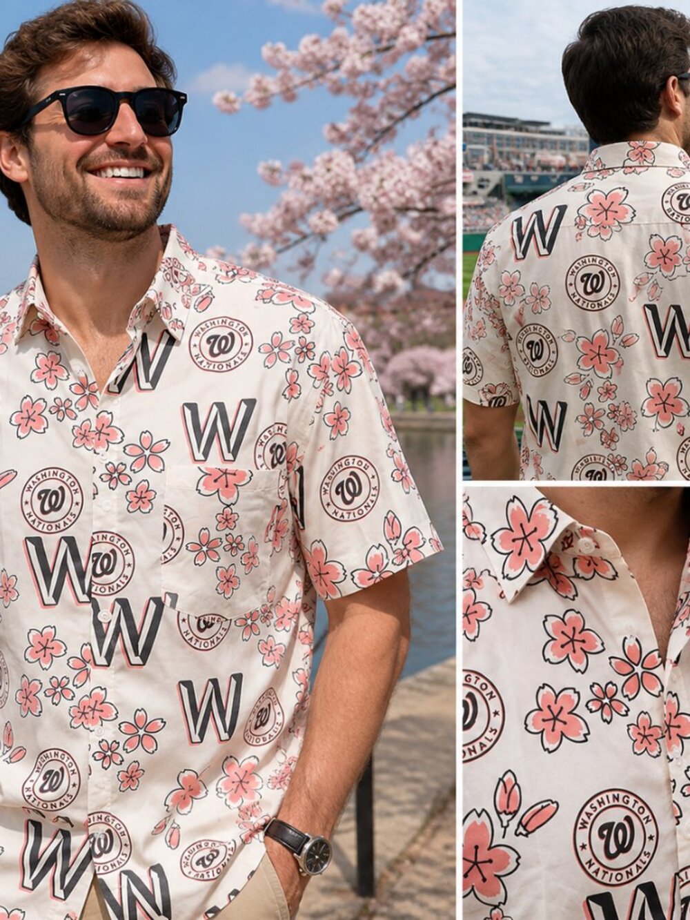 🌸 Washington Nationals Cherry Blossom Hawaiian Button-Up Shirt | MLB Baseball F